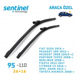 Araca Özel Silecek Takımı  Fıat Egea 2015->, Peugeot 208 2013->peugeot 2008 (2013->) Partner Tepee 2008->, Berlıngo 2008->, Fıesta 2012-2017, Cıtroen C3 2016->, Opel Adam 2012->, Toyota Avensıs 2008->,, 26" 16" 95-110